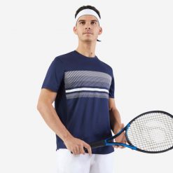 Koszulka do tenisa męska Artengo Essential. Niebieskie koszulki sportowe męskie KUIKMA, l, bez wzorów, z materiału, bez kołnierzyka, bez ramiączek, tenisowe. Za 24.99 zł.