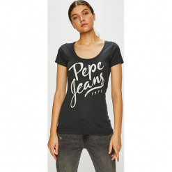 Pepe Jeans - Top. Szare topy damskie Pepe Jeans, z nadrukiem, z bawełny, z okrągłym kołnierzem, z krótkim rękawem. Za 99.90 zł.
