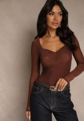 Brązowa Bluzka Longsleeve z Siateczki z Wiskozą z Dekoltem w Serce Elinevia. Brązowe bluzki damskie Renee, l, bez wzorów, z wiskozy, bez kołnierzyka, bez ramiączek. Za 99.99 zł.