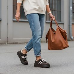 Sneakersy damskie Armodo, na wysokiej platformie i sznurowane z wygodnymi wkładkami, czekolada, N1068S10. Brązowe półbuty damskie Armodo, bez wzorów, z jeansu, retro, bez obcasa, na platformie, bez zapięcia. Za 331.99 zł.