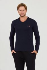 GUESS Granatowy męski longsleeve Core Tee. Niebieskie bluzki z długim rękawem męskie Guess, l, z aplikacjami, bez kołnierzyka. W wyprzedaży za 78.99 zł.