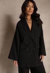 Czarna Oversizowa Marynarka z Klapami i Dwurzędowym Zapięciem Sinthelis. Czarne żakiety damskie Renee, z aplikacjami, eleganckie. Za 139.99 zł.
