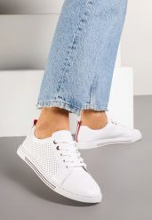 Białe Skórzane Tenisówki na Płaskiej Podeszwie ze Skórzaną Wkładką i Perforacją Ivelili. Białe trampki i tenisówki damskie Born2be, bez wzorów, z jeansu, eleganckie, bez zapięcia. Za 109.99 zł.