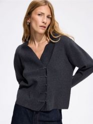 Kardigan z asymetrycznym zapięciem - ciemnoszary. Szare kardigany damskie Reserved, l, bez wzorów, z dzianiny. Za 159.99 zł.