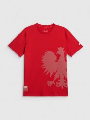 4F Koszulka kibica męska - czerwona S. Czerwone koszulki sportowe męskie 4f, m, bez wzorów, z dzianiny, bez kołnierzyka, bez ramiączek. Za 79.99 zł.