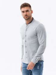 Koszula męska dzianinowa z długim rękawem - szara V5 K542 - XXL. Szare koszule męskie Ombre Clothing, m, bez wzorów, z dzianiny, bez kołnierzyka, bez ramiączek. W wyprzedaży za 49.99 zł.