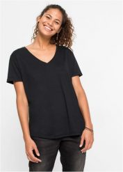 T-shirt z dekoltem w serek. Czarne bluzki damskie bonprix, bez wzorów, bez kołnierzyka. Za 42.99 zł.