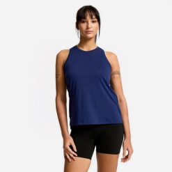 Koszulka fitness damska bez rękawów. Niebieskie koszulki sportowe damskie DOMYOS, bez wzorów, z elastanu, na fitness i siłownię. Za 39.99 zł.