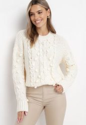 Jasnobeżowy Sweter z Wełną i Bawełną Ozdobiony Grubym Splotem Numike. Brązowe swetry damskie Born2be, na jesień, l, bez wzorów, z bawełny, biznesowe, bez kołnierzyka, bez ramiączek, bez kaptura. Za 89.99 zł.