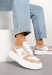 Beżowo-Białe Sneakersy Vices na Platformie z Perforacją i Geometryczną Aplikacją Vilvesia. Brązowe obuwie sportowe damskie Renee, z aplikacjami, z jeansu. Za 99.99 zł.