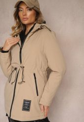 Ciemnobeżowa Kurtka Typu Parka ze Ściągaczem w Talii z Kapturem i Kieszeniami Daroma. Brązowe kurtki damskie Renee, l, bez wzorów, eleganckie, z kapturem. Za 119.99 zł.