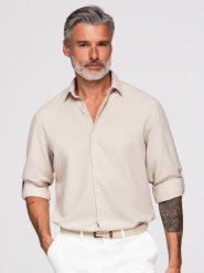 Męska wiskozowo-lniana koszula o kroju regular - beżowa V1 - Rozmiar: M. Szare koszule męskie Ombre Clothing, m, bez wzorów, z denimu, biznesowe, bez kołnierzyka, bez ramiączek. Za 289.99 zł.