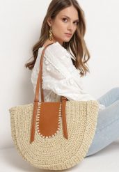 Jasnobeżowa Plażowa Torebka Typu Shopper z Ozdobnej Plecionki z Dwoma Regulowanymi Paskami Karsaia. Brązowe torebki shopper damskie Born2be, bez wzorów, bez dodatków. Za 89.99 zł.