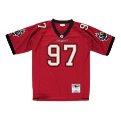 Maillot vinta g e Tampa Bay Buccaneers. Czerwone koszulki sportowe męskie Mitchell & Ness, bez wzorów, bez kołnierzyka, bez ramiączek, do piłki nożnej. Za 676.50 zł.