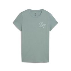 Damska koszulka ESS SCRIPT PUMA Green Moon. Zielone koszulki sportowe damskie Puma, xs, bez wzorów, bez kołnierzyka, bez ramiączek. W wyprzedaży za 69.00 zł.