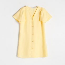 Sukienka mini - żółty. Żółte sukienki damskie Reserved, l, bez wzorów, z tkaniny, bez kołnierzyka, bez ramiączek, mini. W wyprzedaży za 49.99 zł.