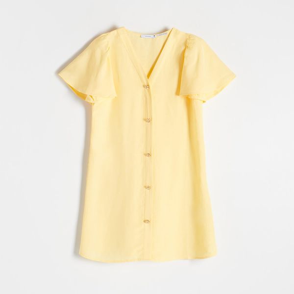 Sukienka mini - żółty. Żółte sukienki damskie Reserved, l, bez wzorów, z tkaniny, bez kołnierzyka, bez ramiączek, mini. W wyprzedaży za 49.99 zł.