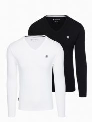 Komplet męskich longsleeve'ów SLIM FIT z dekoltem typu V i logotypem 2-pak – mix biały/czarny V2 - Rozmiar: XXL. Białe t-shirty męskie Ombre Clothing, l, bez wzorów, z bawełny, wizytowe, bez kołnierzyka. Za 139.99 zł.