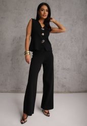 Czarny Komplet z Wiskozą Szerokie Spodnie i Kamizelka z Aplikacjami 3D Hirimi. Czarne spodnie materiałowe dla dziewczynek Renee, z aplikacjami, z wiskozy. Za 139.99 zł.