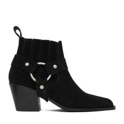 Botki Badura. Czarne botki damskie Badura, bez obcasa, na słupku, bez zapięcia. Za 429.99 zł.
