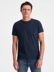Klasyczny T-shirt męski bawełniany BASIC - granatowy V2 OM-TSBS-0146 4XL. Niebieskie t-shirty męskie Ombre, m, bez wzorów, z bawełny, klasyczne, bez kołnierzyka. Za 37.81 zł.