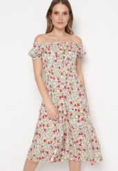 Biało-Zielona Bawełniana Sukienka Midi w Kwiatowy Print o Fasonie Hiszpanki Anirpe. Białe sukienki damskie Born2be, na lato, l, bez wzorów, z bawełny, bez kołnierzyka, bez ramiączek, midi. Za 44.99 zł.