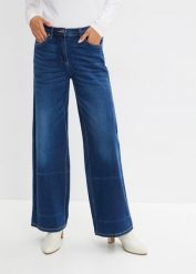 Dżinsy Wide Leg, mid waist, z wygodnym paskiem. Niebieskie jeansy damskie bonprix. Za 137.99 zł.