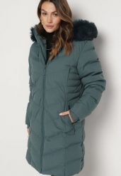 Ciemnozielona Kurtka Pikowana z Odpinanym Futerkiem i Kapturem Taivin. Zielone kurtki damskie Born2be, l, bez wzorów, z jeansu. Za 249.99 zł.