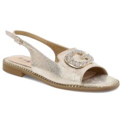 Sandały damskie S. Barski, na płaskim obcasie eleganckie z ozdobą ze sprzączką, złote, KV51-081. Żółte klapki damskie S.BARSKI, z aplikacjami, bez obcasa, na płaskiej podeszwie, bez zapięcia. Za 109.00 zł.