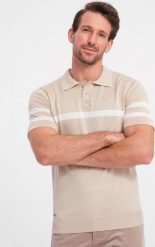 Ombre Męska koszulka polo z miękkiej dzianiny z kontrastowymi pasami - beżowa V4 OM-POSS-0118 L. Brązowe koszulki polo męskie Ombre, l, bez wzorów, z dzianiny, bez ramiączek. Za 69.99 zł.