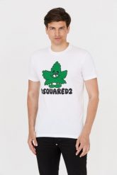 DSQUARED2 Biały t-shirt z zielonym liściem. Białe t-shirty męskie Dsquared2, m, bez wzorów, bez kołnierzyka. W wyprzedaży za 699.99 zł.