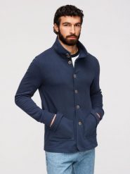 Bluza męska dzianinowa zapinana na guziki ze stójką – granatowa V4. Niebieskie bluzy męskie Ombre Clothing, m, bez wzorów, z bawełny, bez kaptura. Za 209.99 zł.