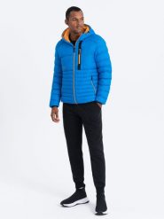 Nylonowa pikowana kurtka męska w stylu sportowym - niebieska V4. Niebieskie kurtki męskie Ombre Clothing, l, bez wzorów, z materiału. W wyprzedaży za 99.99 zł.