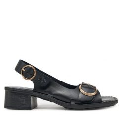 Sandały Fly London. Czarne sandały damskie Fly London, bez wzorów, bez obcasa, na słupku, bez zapięcia. Za 509.99 zł.