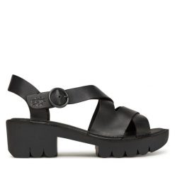 Sandały Fly London. Czarne sandały damskie Fly London, bez wzorów, bez obcasa, na słupku, bez zapięcia. Za 339.99 zł.