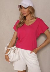 Fuksjowy T-shirt z Bawełny z Dekoltem w Serek Linithiela. Czerwone bluzki damskie Renee, xl, bez wzorów, z bawełny, bez kołnierzyka. Za 39.99 zł.
