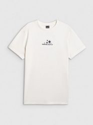 4F T-shirt oversize z nadrukiem damski - beżowy XS. Brązowe t-shirty damskie 4f, xs, bez wzorów, z dzianiny, bez kołnierzyka. Za 79.99 zł.