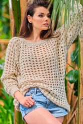 Oversizowy Sweter w Ażurowy Wzór - Beżowy. Brązowe swetry damskie Awama, uniwersalny, w ażurowe wzory, z materiału, bez kołnierzyka, bez ramiączek, bez kaptura. Za 249.90 zł.