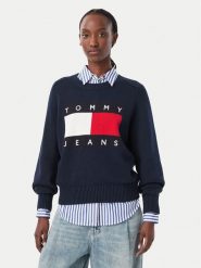 Tommy Jeans Sweter Flag DW0DW23450 Granatowy Regular Fit. Niebieskie swetry damskie Tommy Jeans, xs, bez wzorów, z bawełny, bez kołnierzyka, bez ramiączek, bez kaptura. Za 489.99 zł.