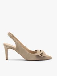 Beżowe czółenka slingback z kokardą. Brązowe czółenka damskie Ryłko, z aplikacjami, z materiału, biznesowe, bez obcasa, na obcasie, bez zapięcia. Za 379.99 zł.