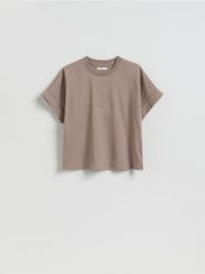 Bawełniany t-shirt - brązowy. Brązowe t-shirty damskie Reserved, l, bez wzorów, z bawełny, bez kołnierzyka. Za 39.99 zł.