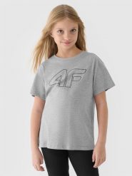 4F T-shirt oversize z nadrukiem dziewczęcy - szary 122 (6-7 lat). Szare t-shirty damskie 4f, bez wzorów, z bawełny, bez ramiączek. Za 39.99 zł.