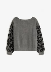 Sweter w cętki leoparda. Szare swetry damskie bonprix, bez wzorów, bez kołnierzyka, bez ramiączek, długie, bez kaptura. Za 132.99 zł.