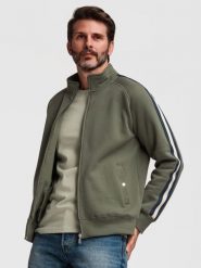 Bluza męska dresowa z wysokim kołnierzem i lampasami – oliwkowa V2 - Rozmiar: M. Zielone bluzy męskie Ombre Clothing, m, z aplikacjami, z bawełny, bez kaptura. Za 209.99 zł.