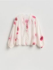 Wzorzysta bluzka - wielobarwny. Bluzki damskie Reserved, l, bez wzorów, z lyocellu, bez kołnierzyka, bez ramiączek. Za 149.99 zł.