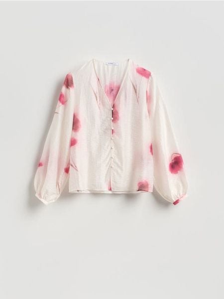 Wzorzysta bluzka - wielobarwny. Bluzki damskie Reserved, l, bez wzorów, z lyocellu, bez kołnierzyka, bez ramiączek. Za 129.99 zł.