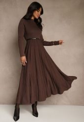 Brązowa Dzianinowa Sukienka Rozkloszowana Longsleeve z Wiskozą i Paskiem Tusnira. Brązowe sukienki damskie Renee, na co dzień, m, bez wzorów, z dzianiny, eleganckie, bez kołnierzyka, bez ramiączek, maxi, proste. Za 169.99 zł.