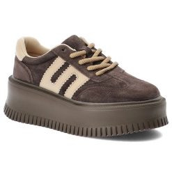 Sneakersy damskie Filippo o sportowym fasonie z kontrastowymi wstawkami i jasnymi sznurówkami osadzone na wysokiej masywnej platformie ciemnobrązowe,. Brązowe półbuty damskie Filippo, bez wzorów, sportowe, bez obcasa, na platformie, bez zapięcia. Za 229.00 zł.