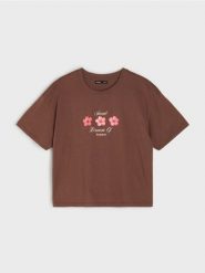Bawełniana koszulka z nadrukiem kwiatowym - brązowy. Brązowe t-shirty damskie Sinsay, l, bez wzorów, z bawełny, bez kołnierzyka. Za 25.99 zł.