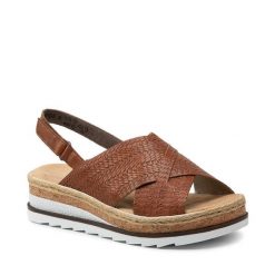 Espadryle Rieker. Brązowe sandały damskie Rieker, bez wzorów, bez obcasa, bez zapięcia. Za 199.99 zł.